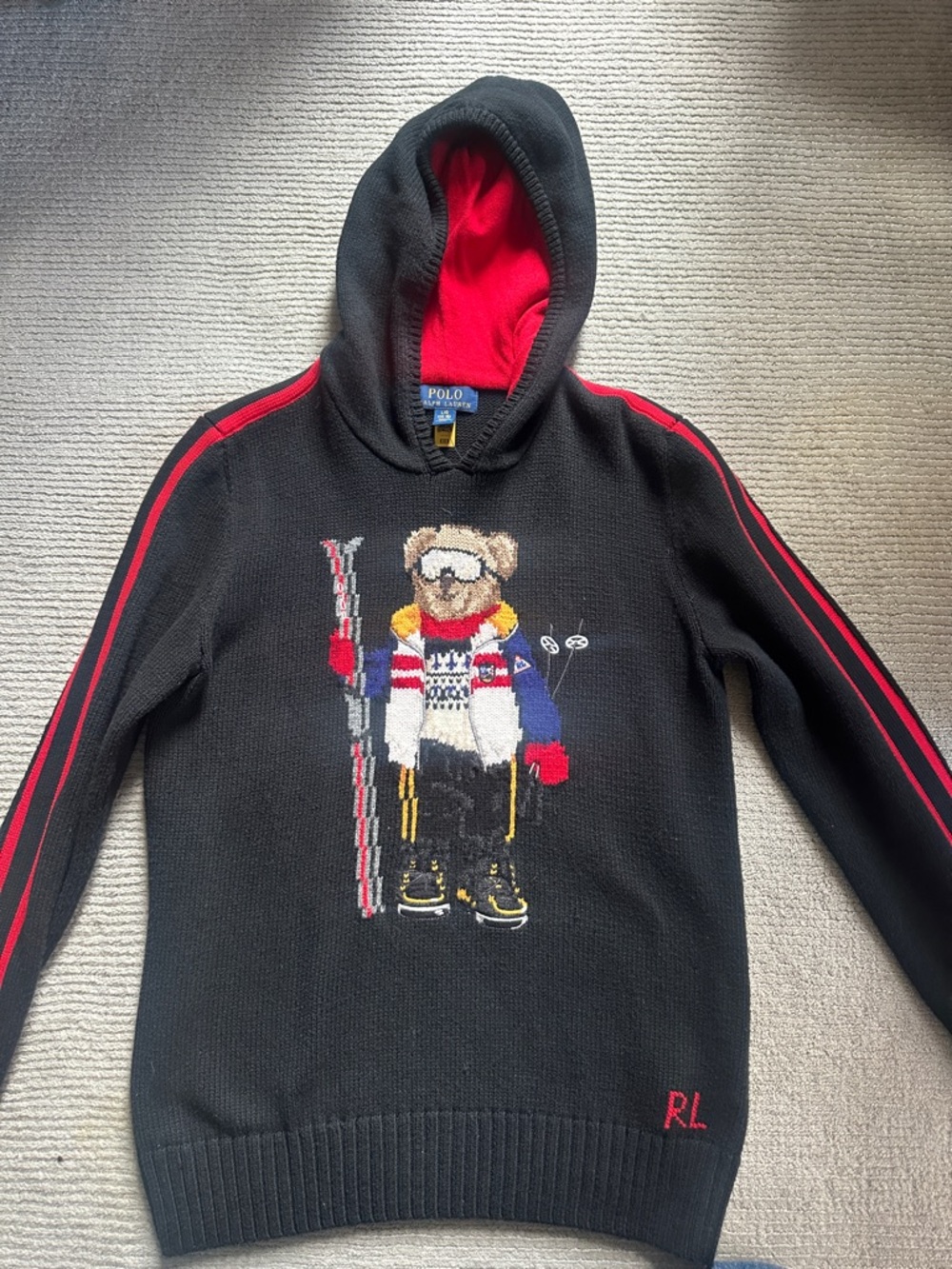 Ralph Lauren Black Hoodie Sweater with Ski Bear Graphic and Red Accents